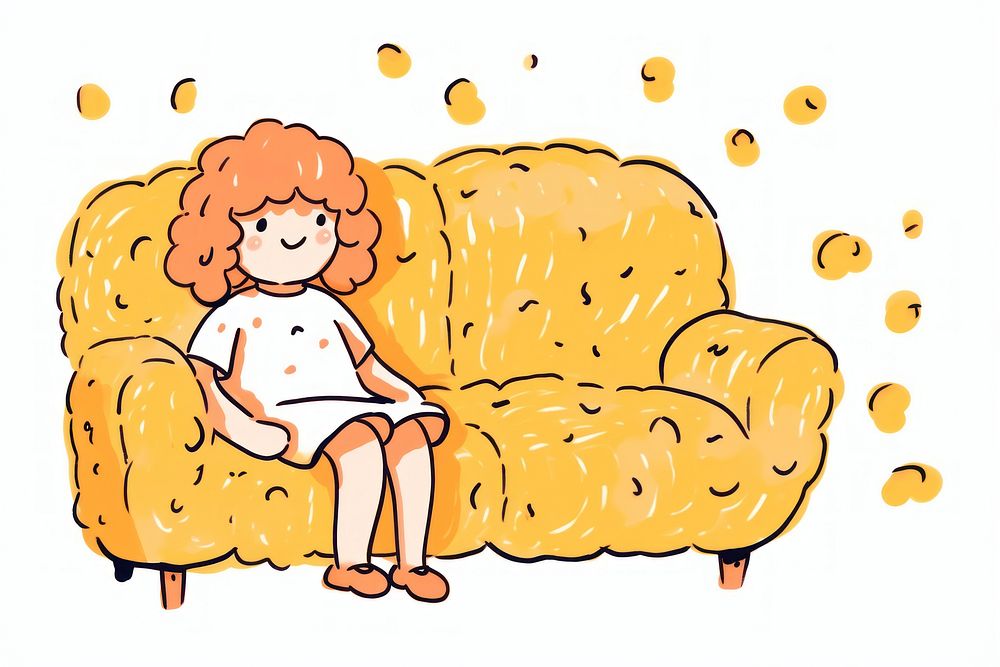 Doodle illustration young girl sitting furniture cartoon chair.