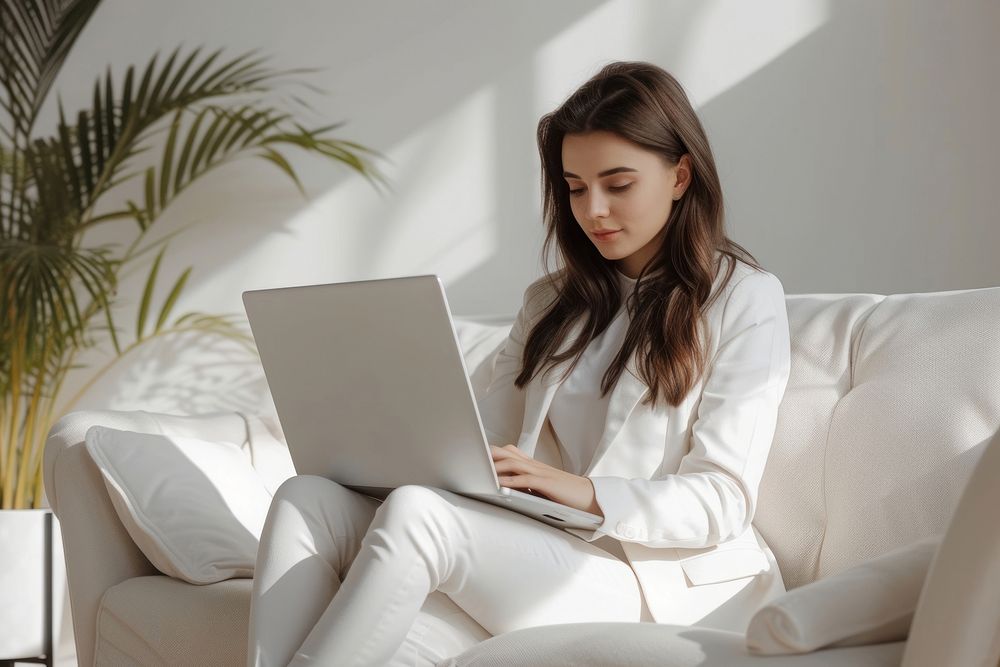 Young businesswoman laptop computer sitting.
