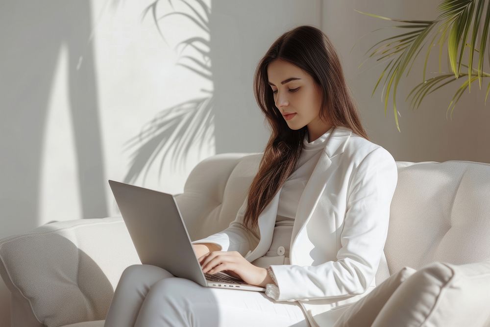 Young businesswoman laptop computer sitting.