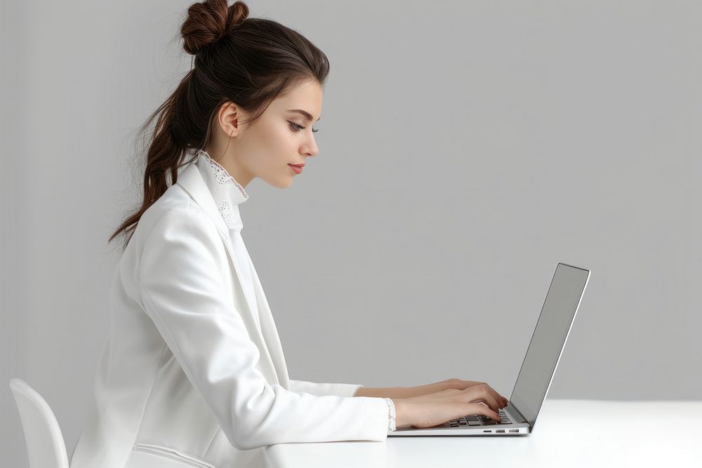 Young businesswoman remote working home laptop computer sitting.