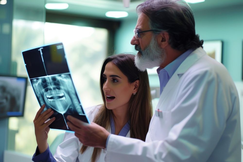 Female patient and male dentist looking at an x ray together hospital adult architecture.