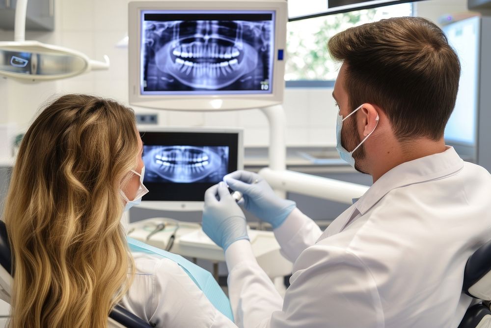 Female patient and male dentist looking at an x ray together hospital adult architecture.