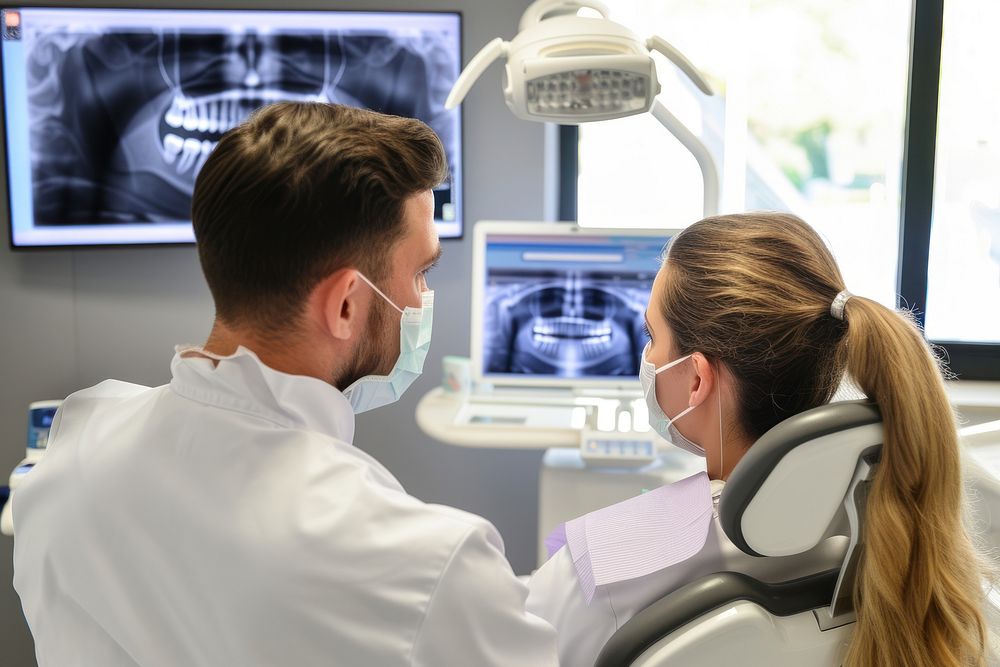 Female patient and male dentist looking at an x ray together computer hospital adult.
