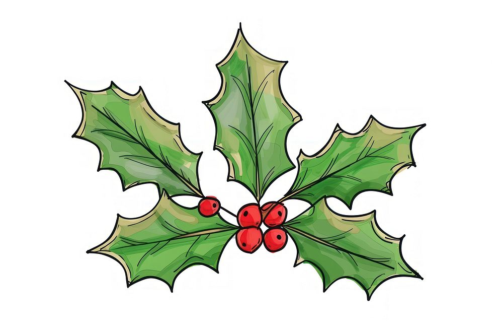 Hand-drawn sketch three holly leaves with red berries plant leaf tree.