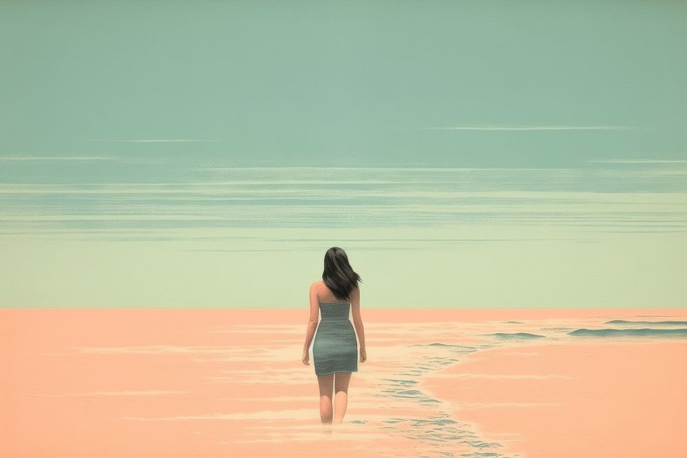 Litograph minimal woman at beach outdoors standing horizon.