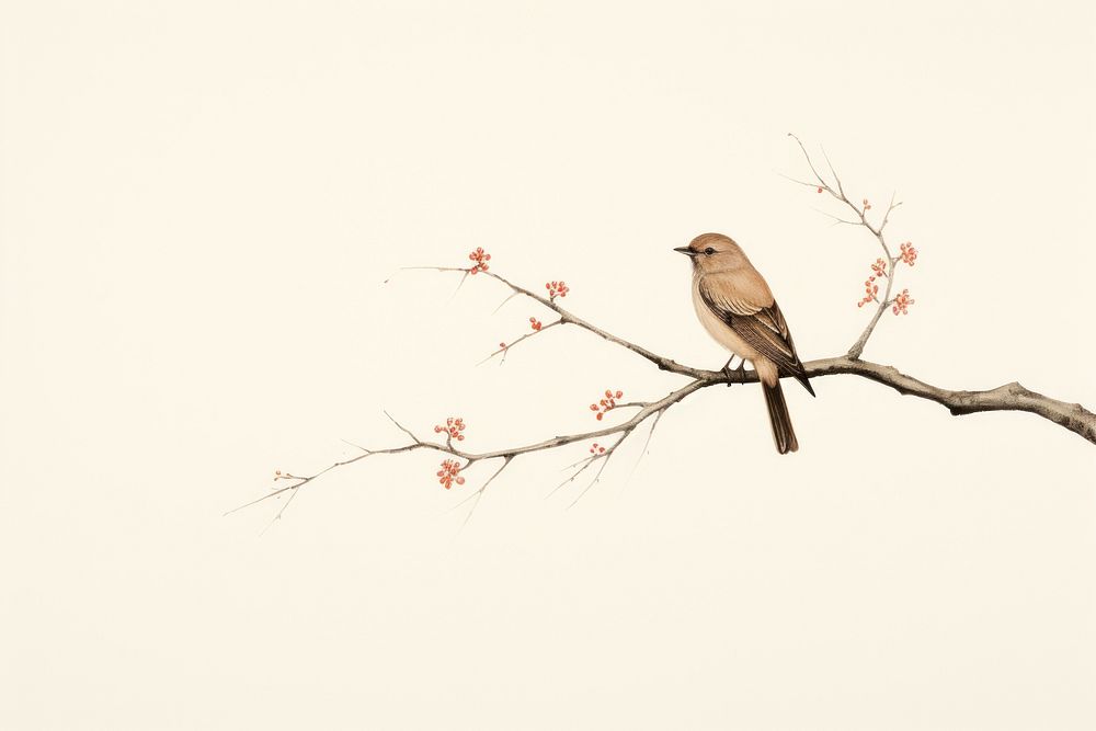Litograph minimal bird on branch sparrow animal wildlife.