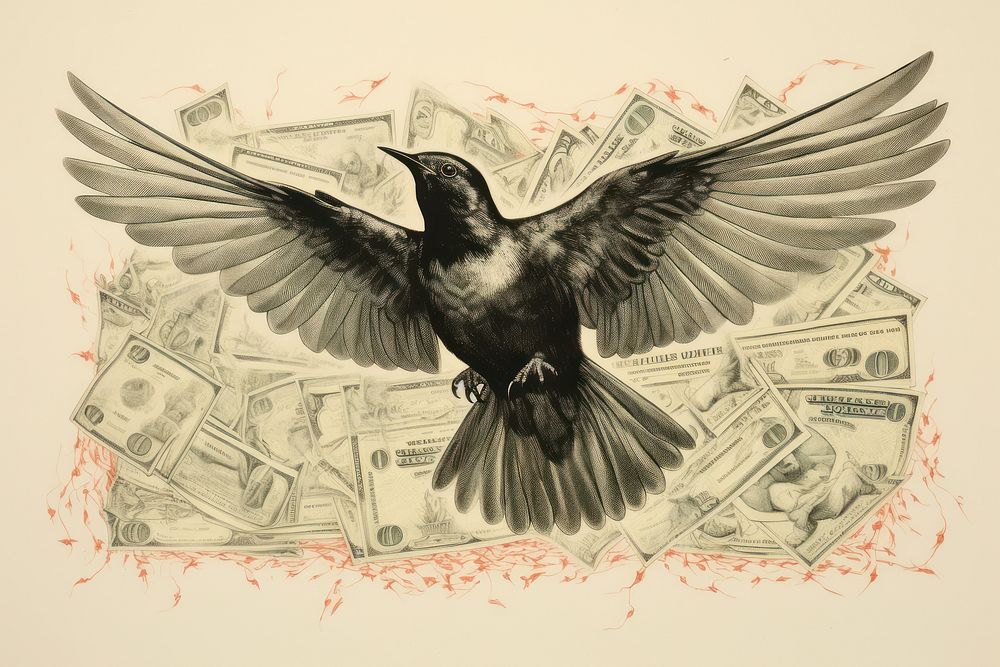 Litograph minimal bird flying money animal creativity.