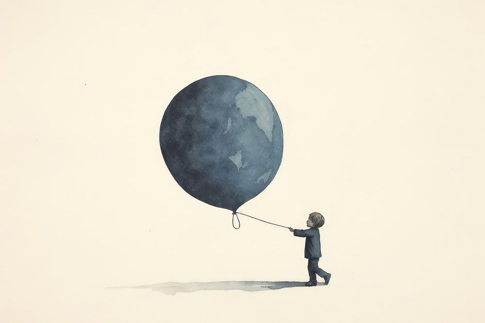 Litograph minimal child balloon holding moon.