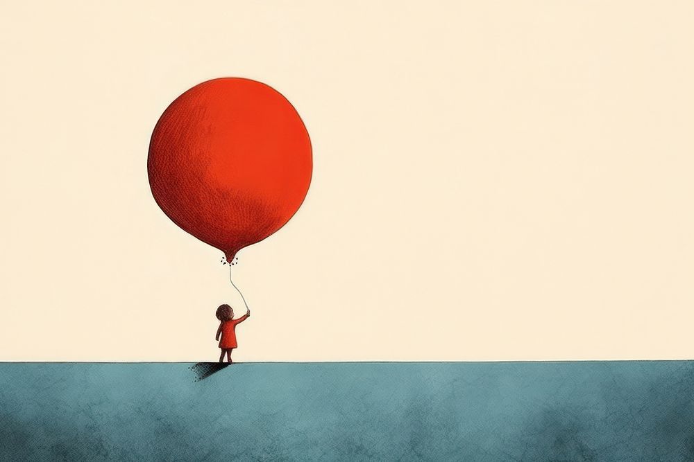 Litograph minimal child balloon adventure cartoon.