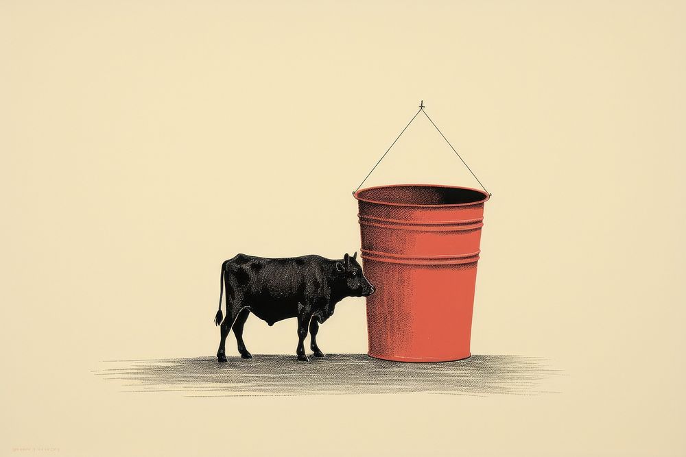 Litograph minimal cow and milking bucket livestock mammal cattle.