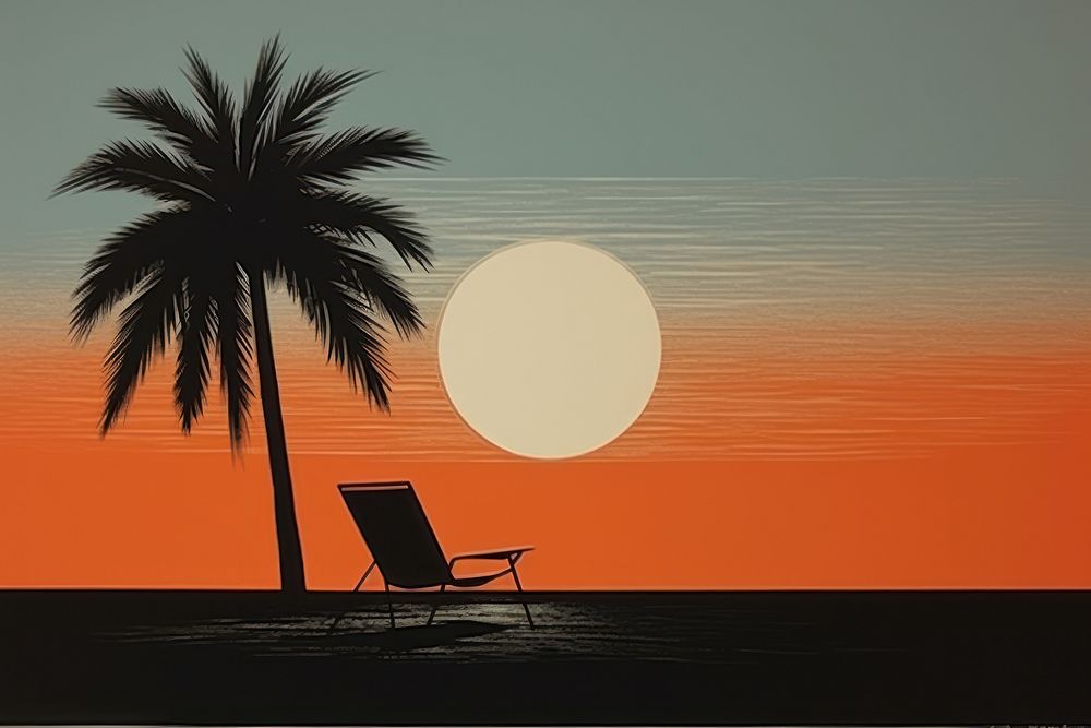 Litograph minimal deckchair and coconut tree furniture outdoors horizon.