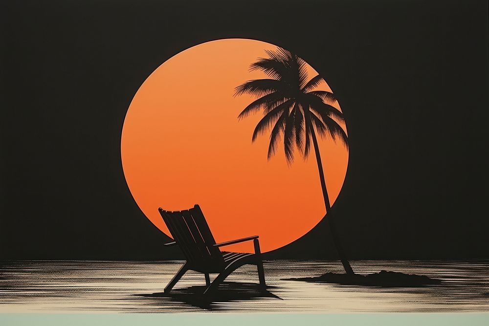 Litograph minimal deckchair and coconut tree furniture nature circle.