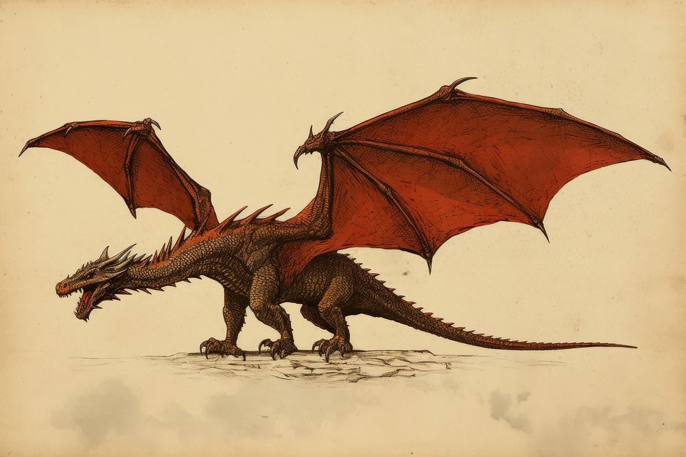 Litograph minimal dragon dinosaur animal history.