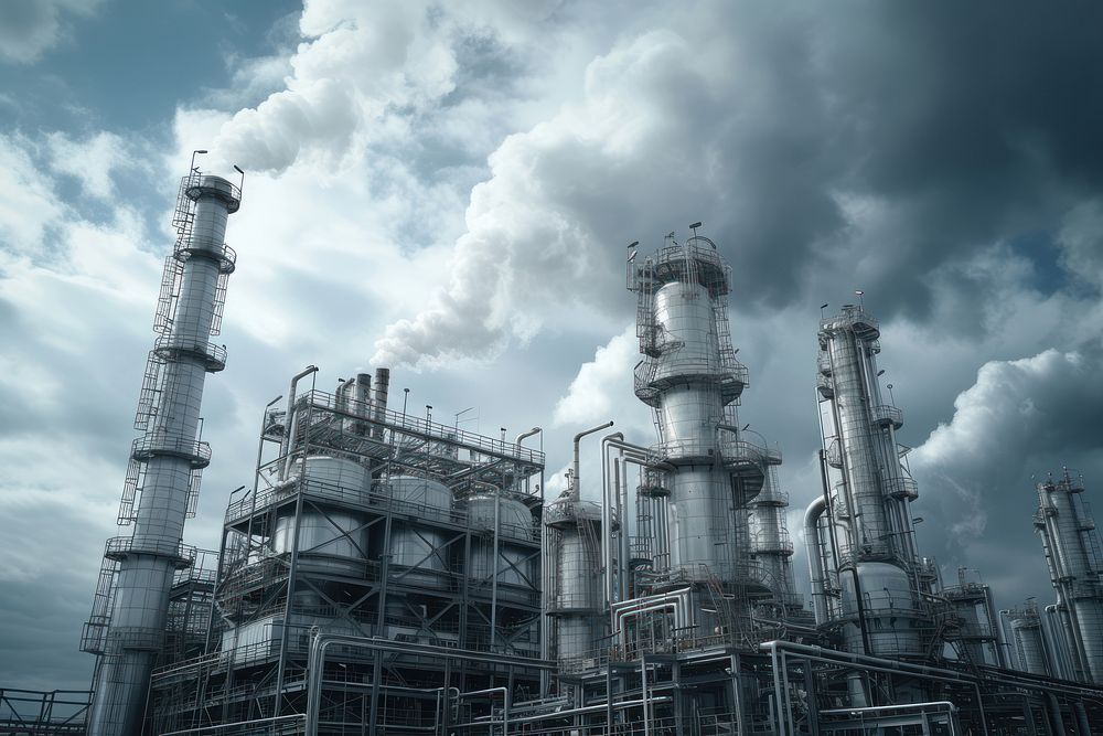 Oil refining plan under a cloudy sky architecture building refinery.