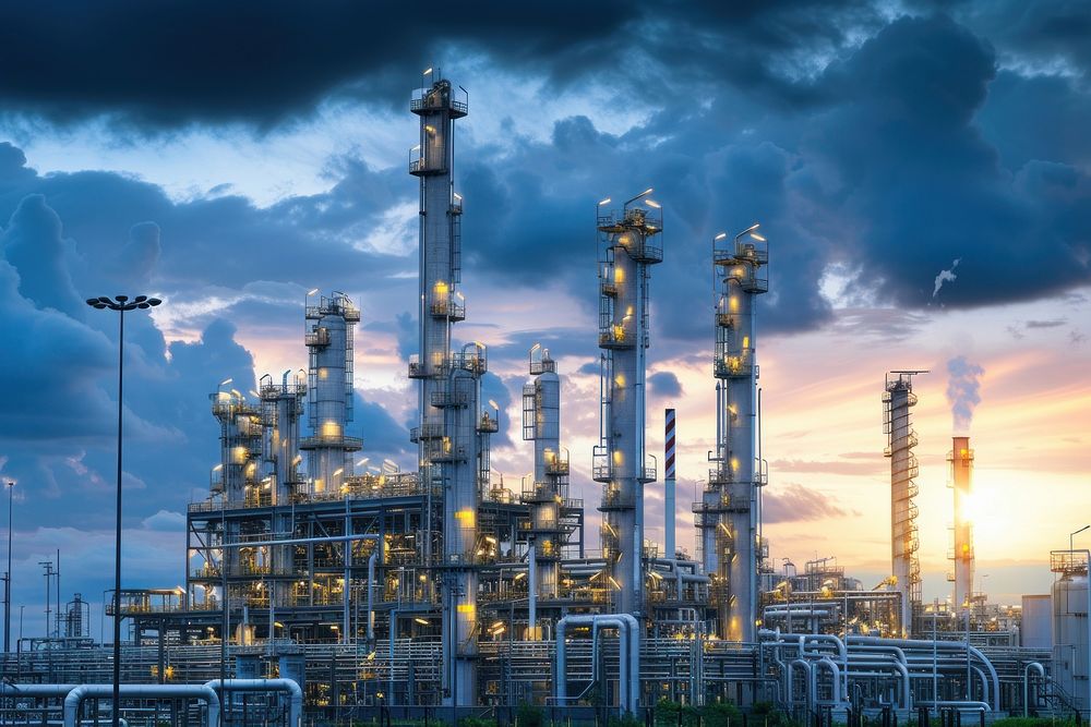 Oil refining plan under a cloudy sky architecture refinery factory.