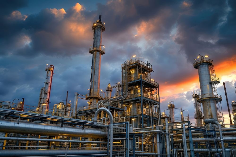 Oil refining plan under a cloudy sky architecture refinery outdoors.