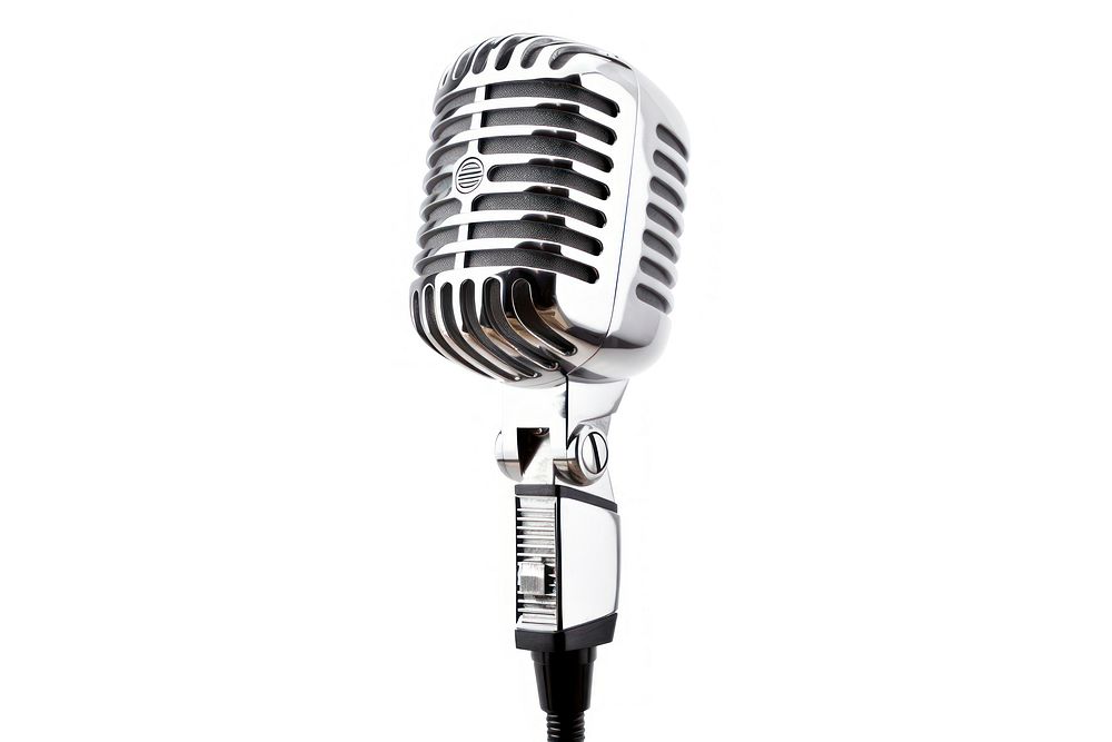 Vintage chrome microphone hanging from a cord white background performance technology.