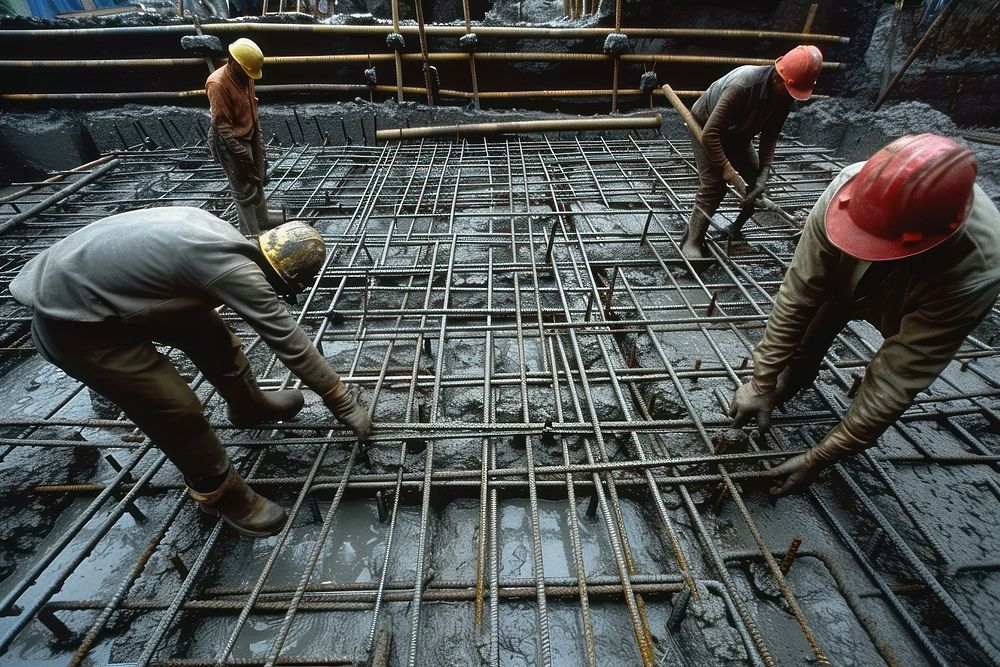 Workers make molds for reinforced concrete from reinforcing bars construction hardhat helmet.