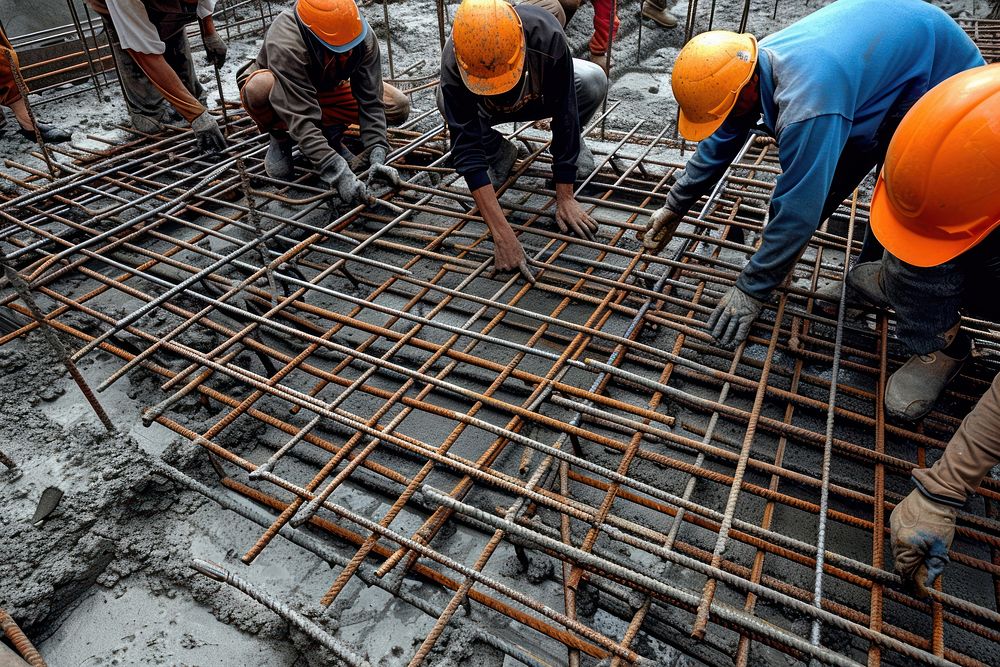 Workers make molds for reinforced concrete from reinforcing bars construction hardhat helmet.