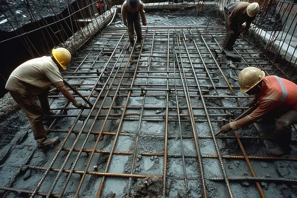 Workers make molds for reinforced concrete from reinforcing bars construction helmet worker.