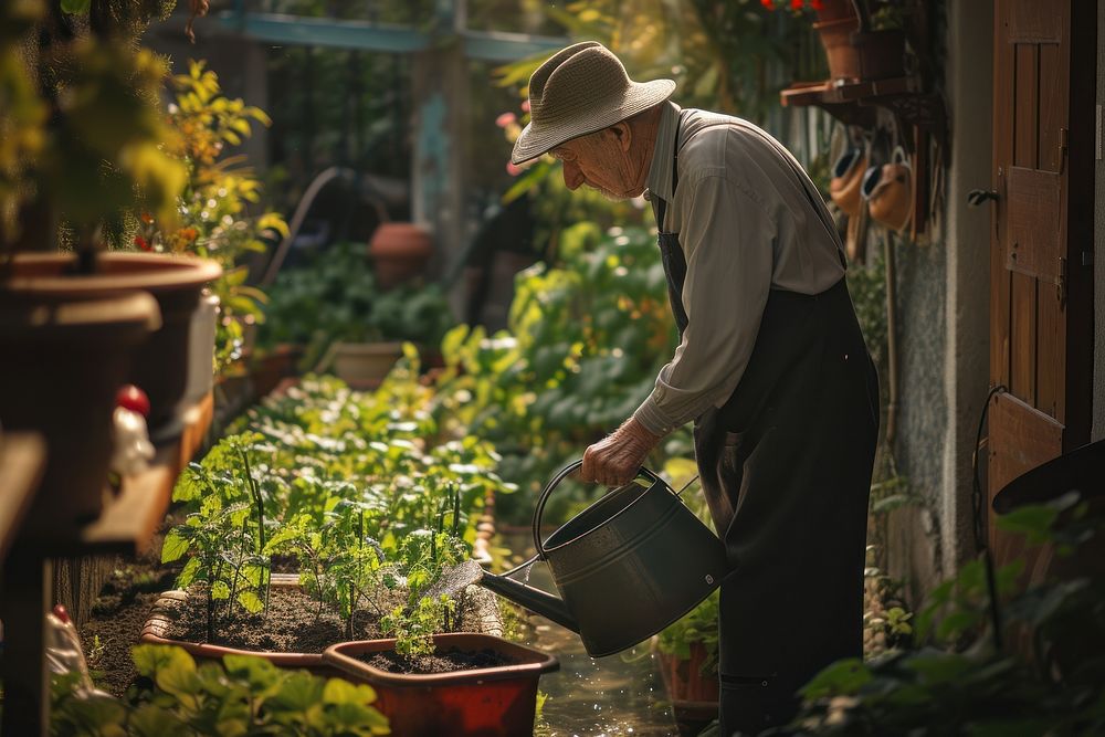 A man is gardener watering plants outdoors gardening adult.