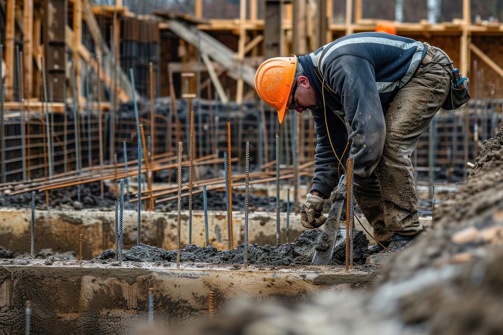 A construction worker is installing the formwork on the construction site hardhat helmet adult.