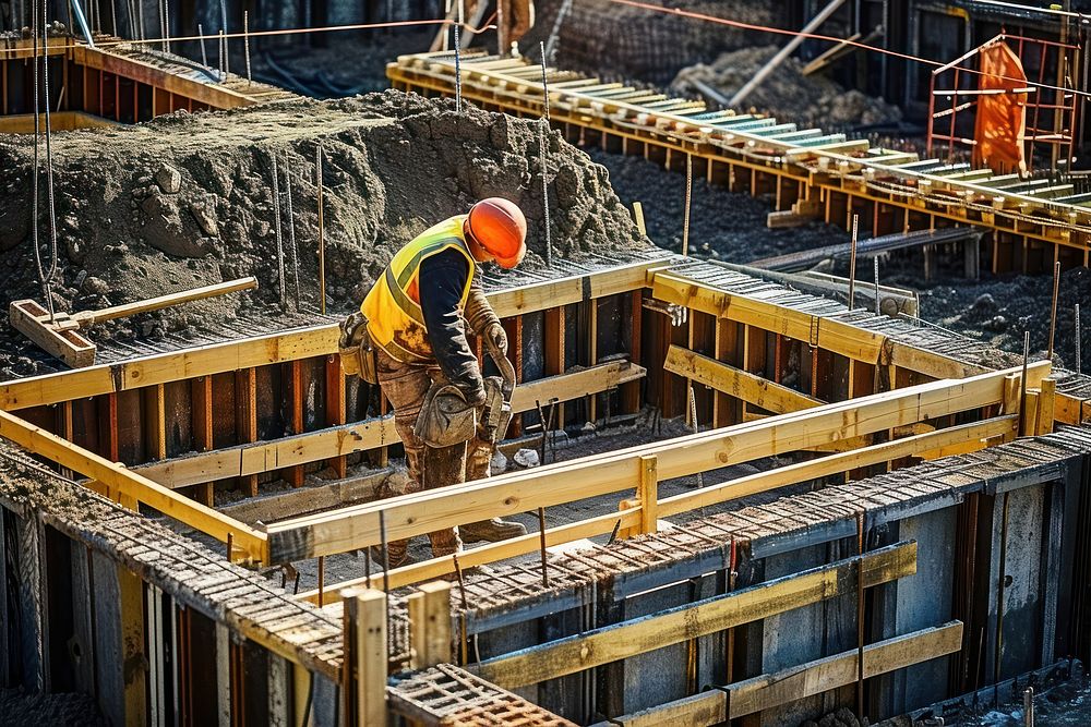 A construction worker is installing the formwork on the construction site helmet adult architecture.
