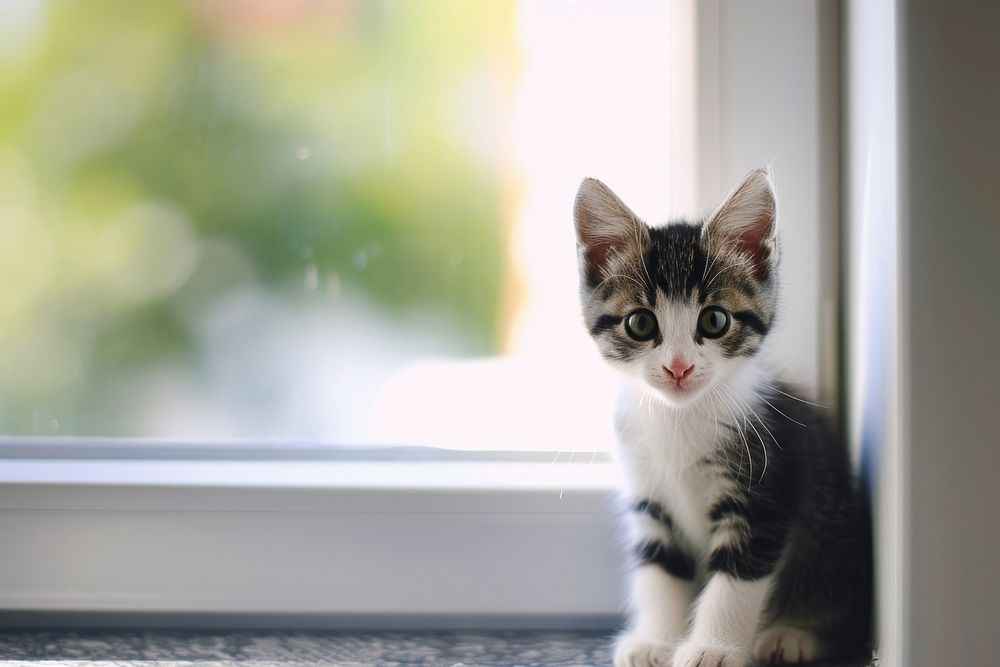 Photo of a kitten in a minimal house windowsill animal mammal.