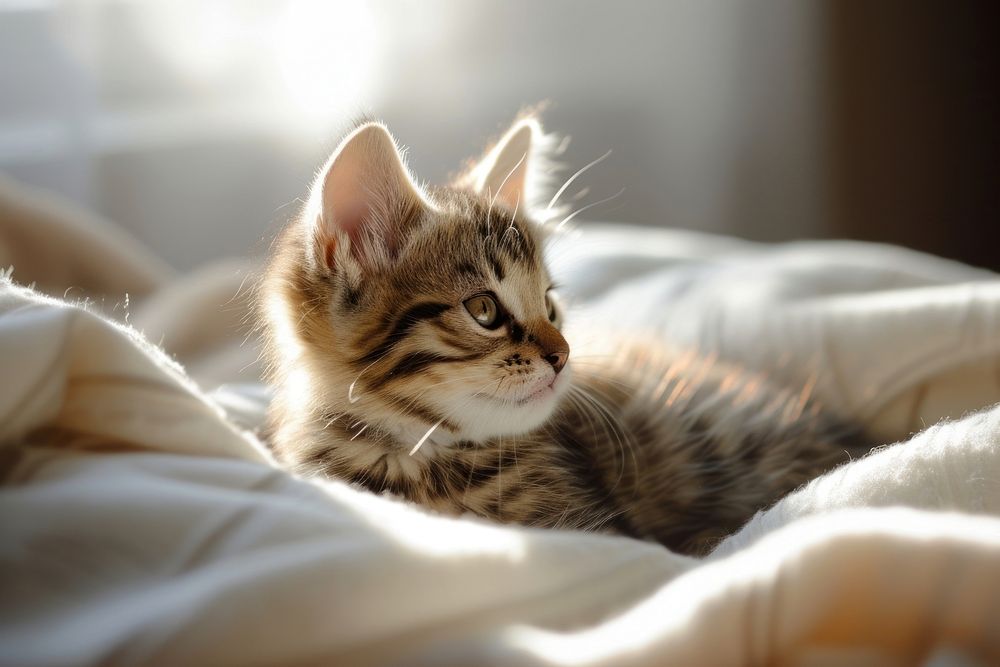 Photo of a kitten in a minimal house blanket mammal animal.