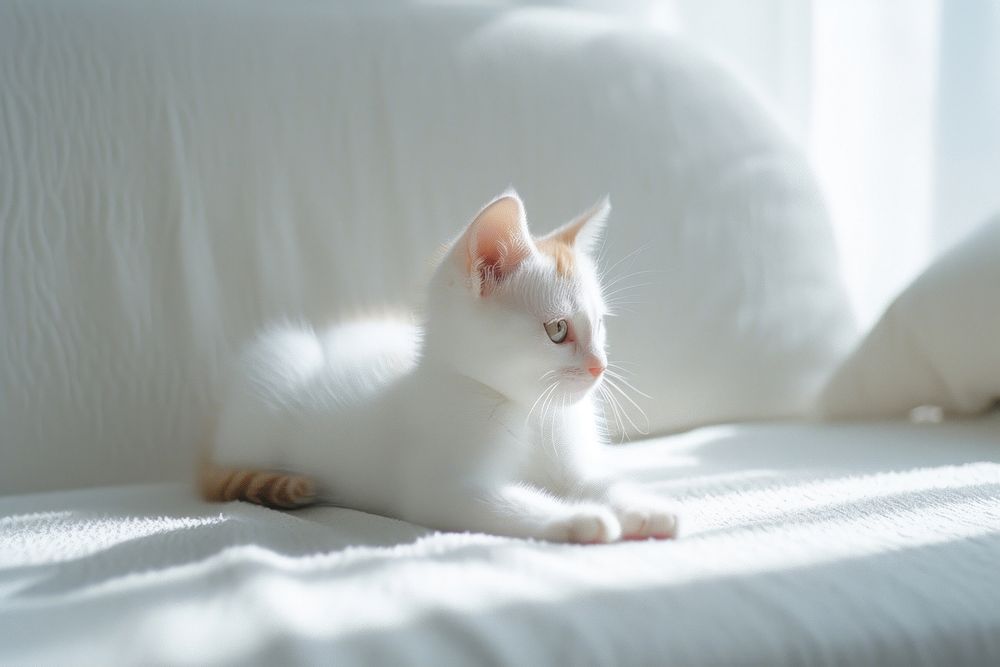 Photo of a kitten in a minimal house animal mammal white.