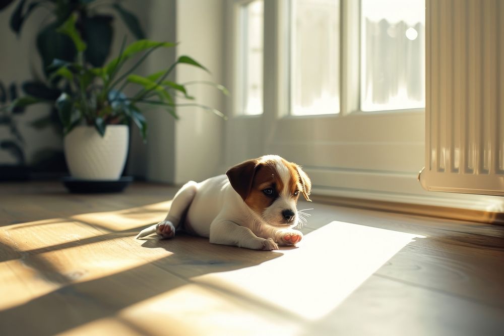 Photo of a puppy in a minimal house bulldog animal mammal.