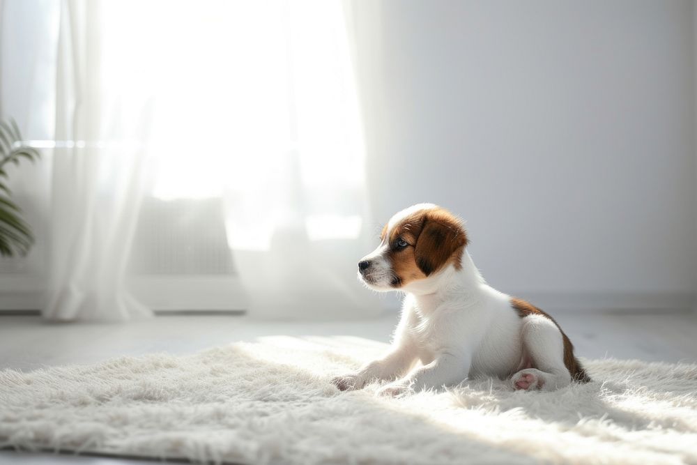 Photo of a puppy in a minimal house animal mammal hound.