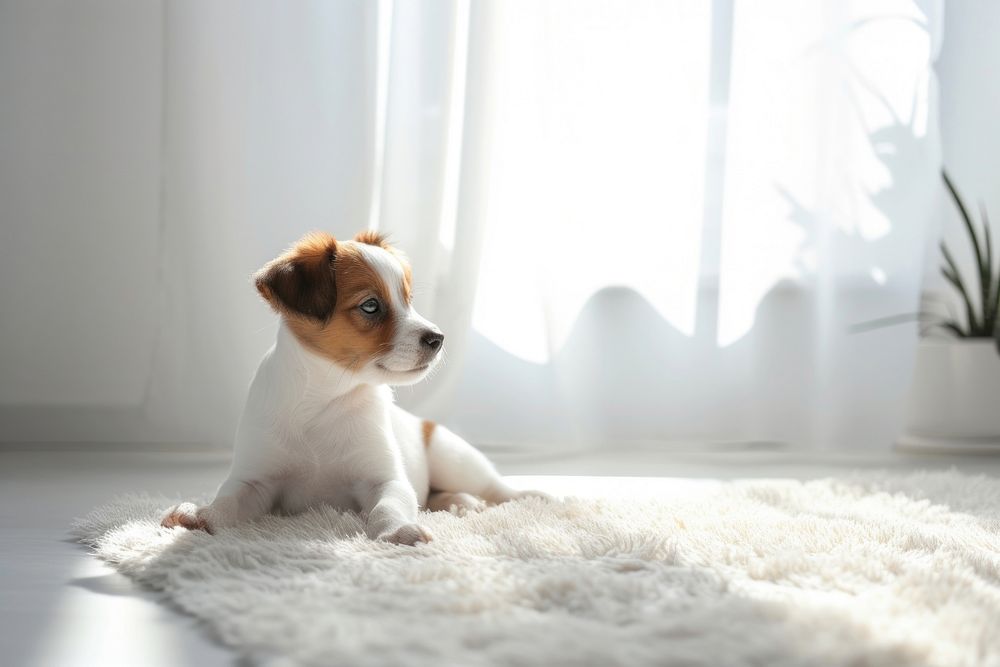 Photo of a puppy in a minimal house mammal animal white.
