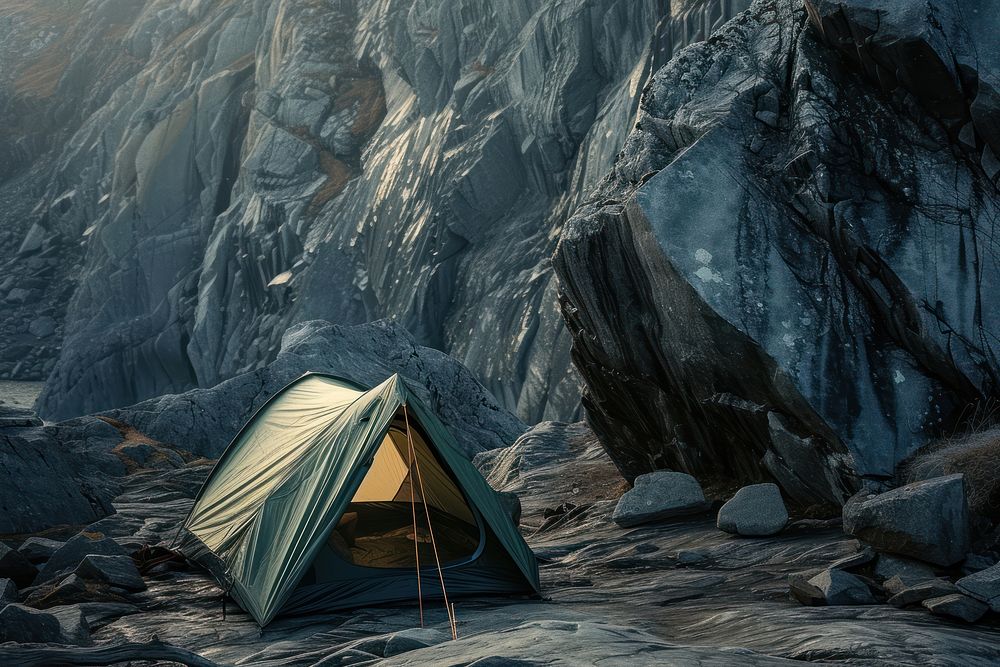 Photo of a tent at a cliff outdoors camping nature.