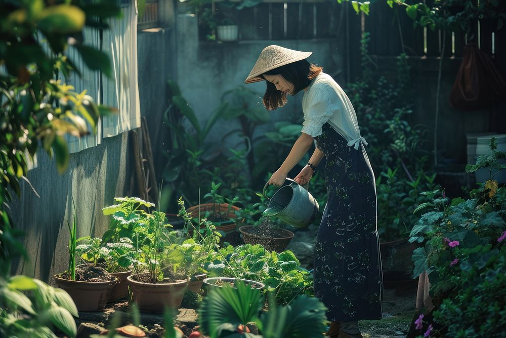 A woman is gardener watering plants outdoors gardening nature.