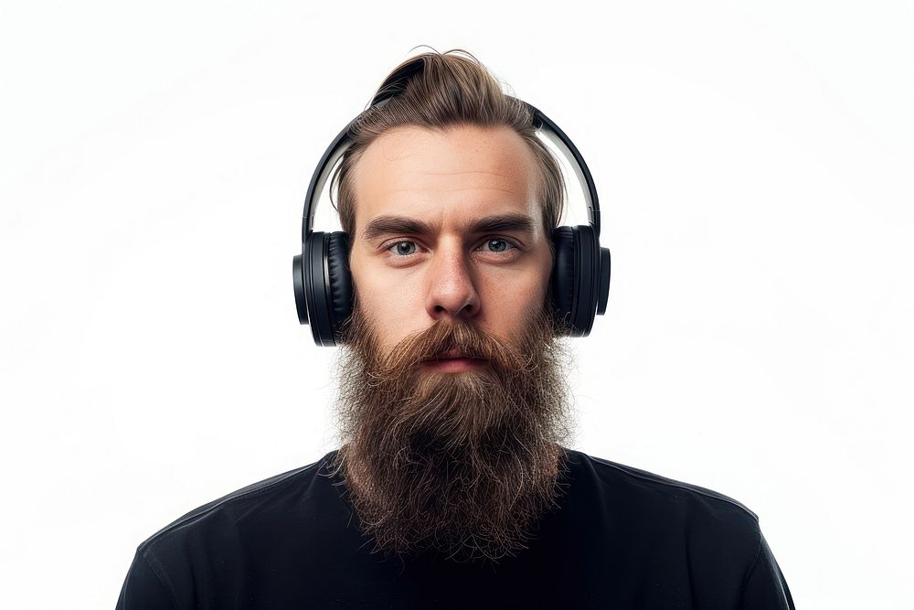 Bearded man wearing headphones beard portrait headset.