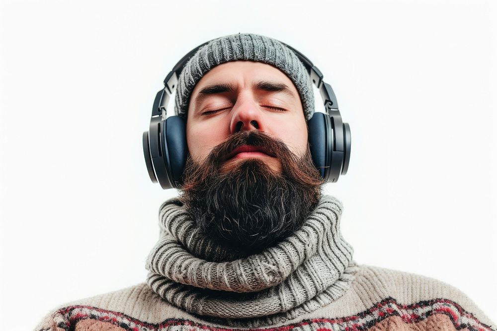 Bearded man wearing headphones beard headset adult.