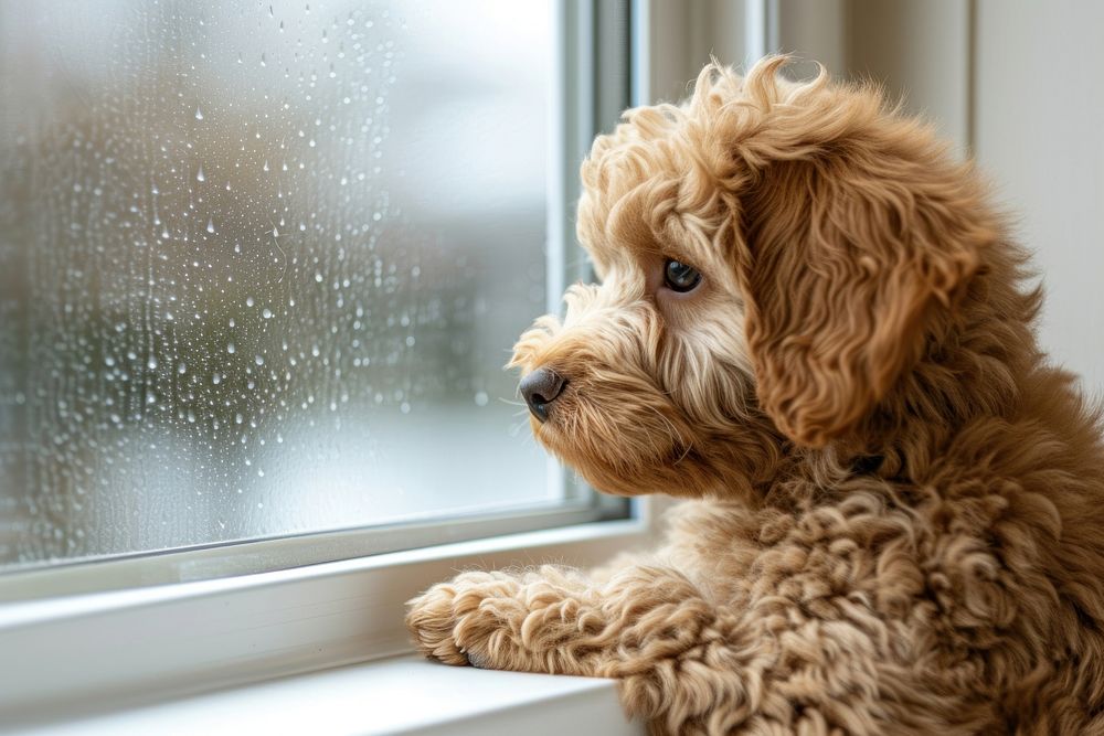 Adorable Labradoodle dog puppy window looking mammal.