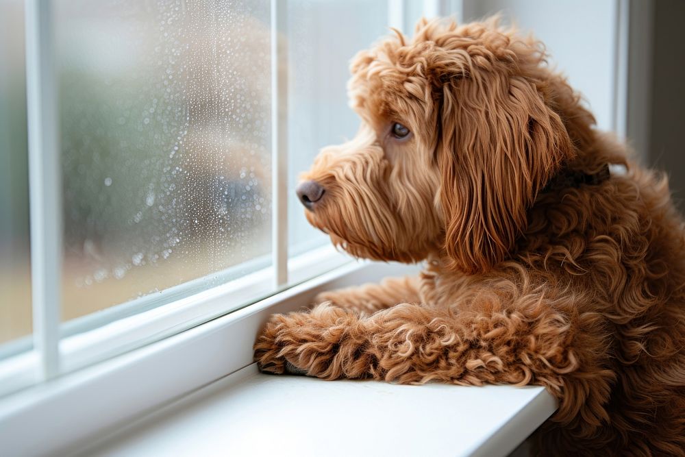Adorable Labradoodle dog puppy window windowsill looking.