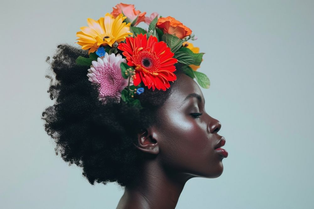 Black woman has flower on her hair photography portrait adult.