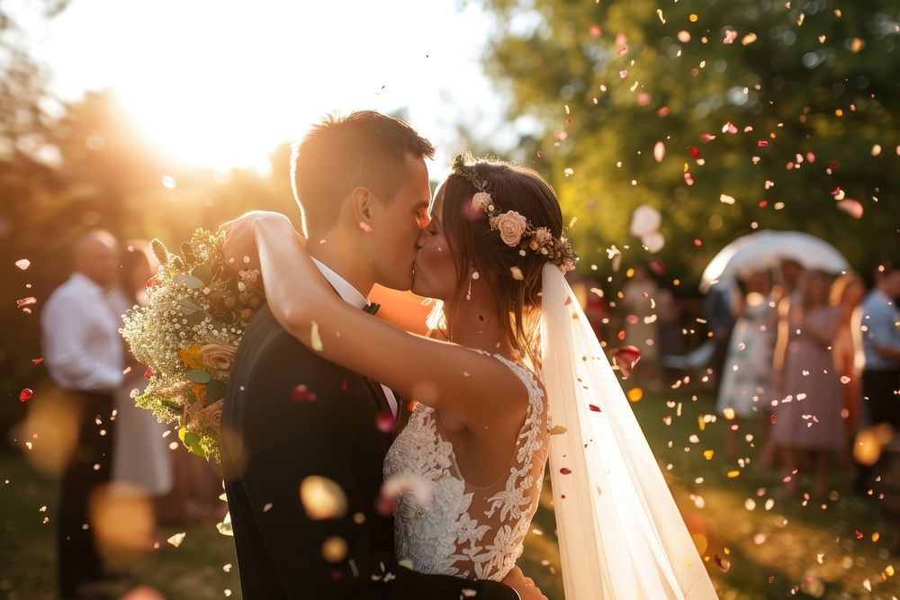 Bride and groom at outdoor wedding party outdoors kissing flower.
