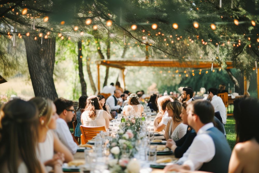 Bride and groom at outdoor wedding party outdoors banquet adult.
