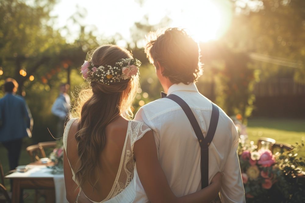 Bride and groom at outdoor wedding party outdoors fashion flower.