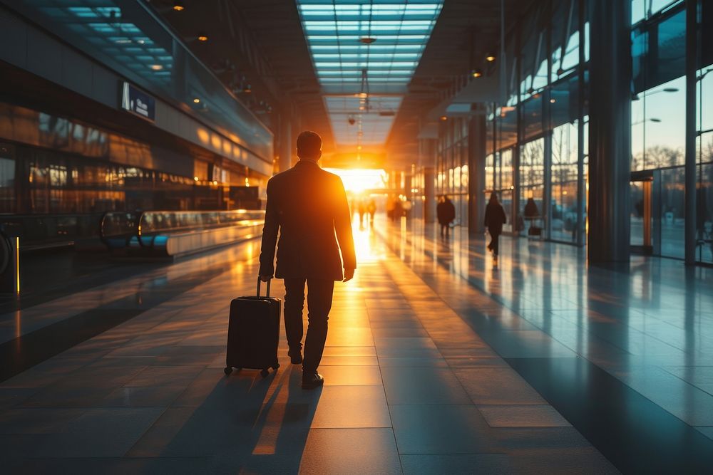Businessman holding luggage waiting for airport arrival walking light adult.