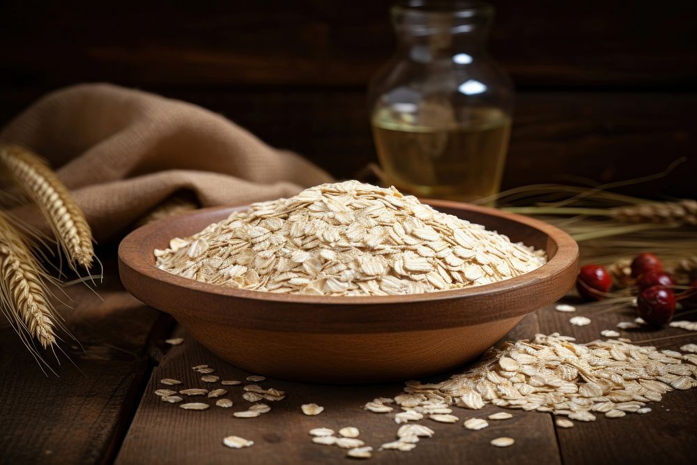 Oats are overflowing out of the bowl and have spilled on to the wood oats are raw and in a dry form food agriculture.