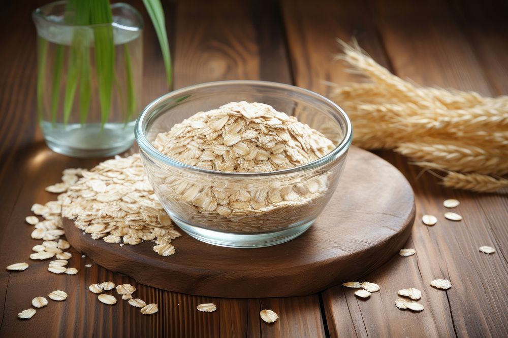 Oats are overflowing out of the bowl and have spilled on to the wood oats are raw and in a dry form breakfast glass.