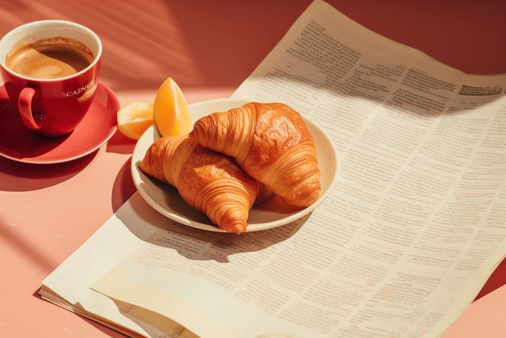 Croissant coffee newspaper bread.