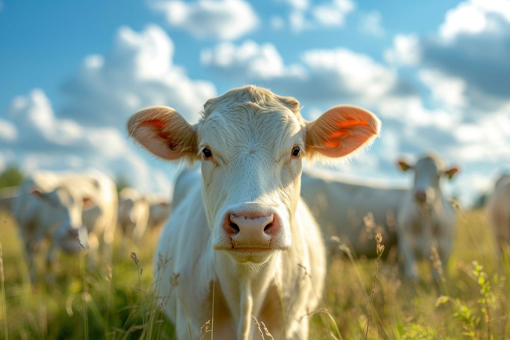 Cute livestock grazing on a rural farm staring at camera grassland outdoors mammal.
