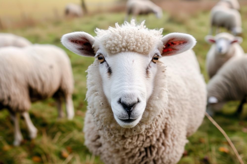 Cute sheep livestock grazing on a rural farm staring at camera animal mammal herbivorous.