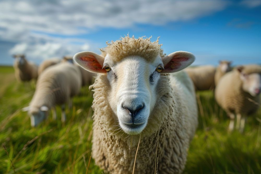 Cute sheep livestock grazing on a rural farm staring at camera grassland outdoors animal.